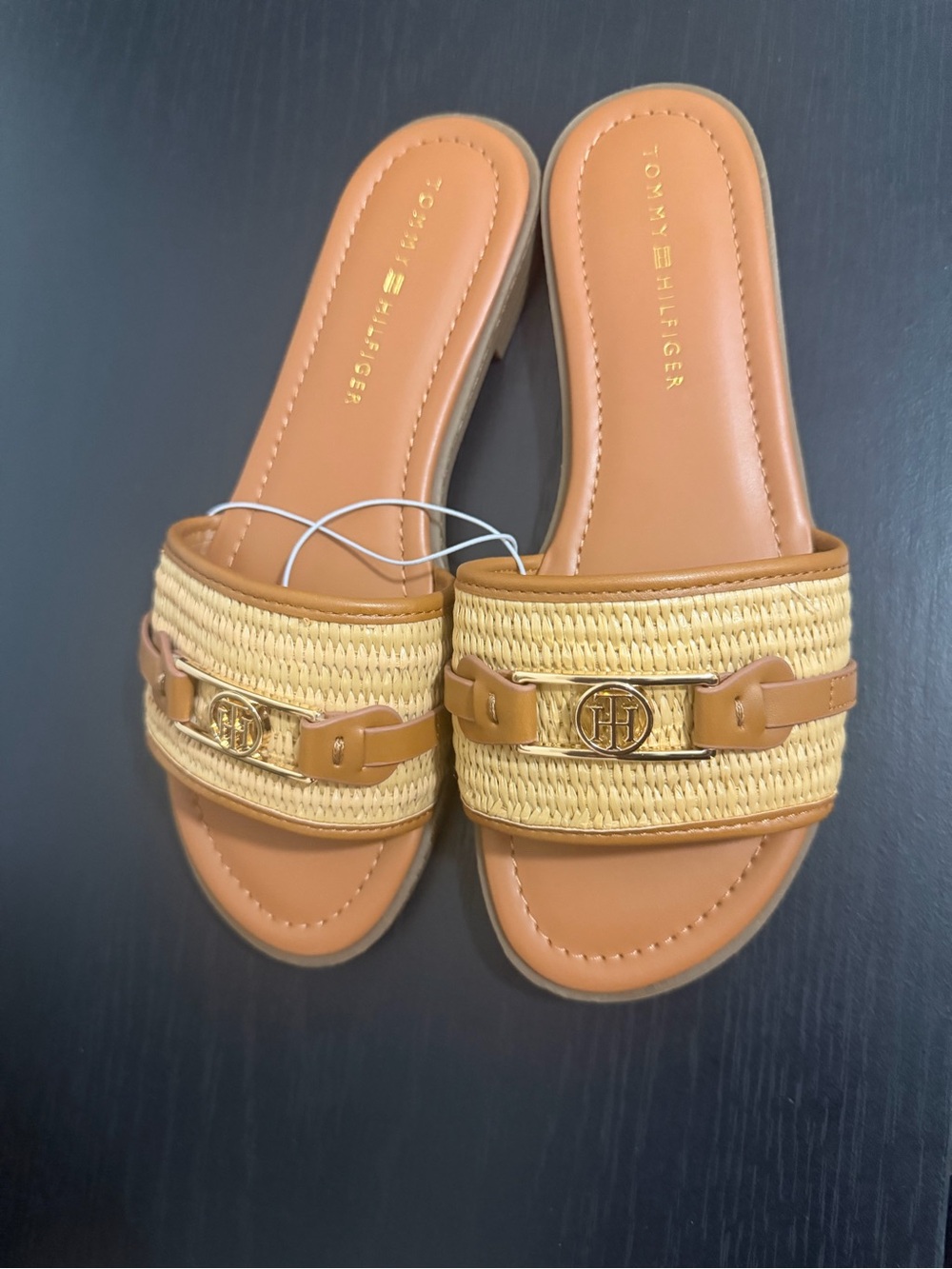 Tommy Hilfiger Tan Woven Raffia Slide Sandals with Gold Logo